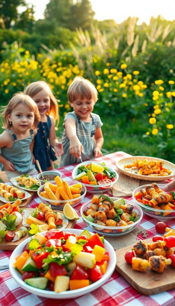 A vibrant outdoor picnic scene showcasing a variety of colorful, kid-friendly grilled side dishes arranged on a beautifully set picnic table. In the foreground, there are bright, fresh salads, grilled vegetables, and playful fruit skewers, artfully garnished with herbs. The middle ground features children, dressed in modest casual clothing, eagerly reaching for the dishes with joyful expressions, highlighting the family-friendly atmosphere. The background includes a sunlit garden filled with greenery, soft yellow flowers, and a gentle breeze, creating a warm, inviting mood. The lighting is soft and natural, reminiscent of golden hour, enhancing the warmth of the scene. The image conveys a sense of authenticity and inspiration, with a Pinterest aesthetic, subtly incorporating the brand name "KlickKiste" through the decor or presentation style.