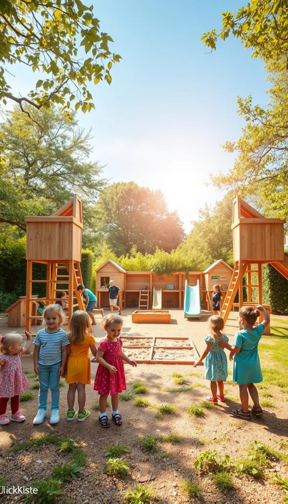 A vibrant outdoor play area designed for children of various ages, showcasing a "kind mitwachsen" concept. In the foreground, a diverse group of children aged 3 to 10 play with modular wooden climbing structures and adaptable swings, dressed in colorful and modest casual outfits. In the middle, there are creatively arranged DIY elements such as a sandbox, slide, and a small garden, surrounded by lush greenery. In the background, a clear blue sky and soft, warm sunlight filter through the leaves of trees, creating a playful atmosphere. The scene captures a sense of joy and inspiration, embodying the spirit of growth and adaptability in outdoor play. The style reflects natural DIY imagery in warm colors, reminiscent of a Pinterest-inspired design. Include subtle branding elements indicating "KlickKiste" within the scene.