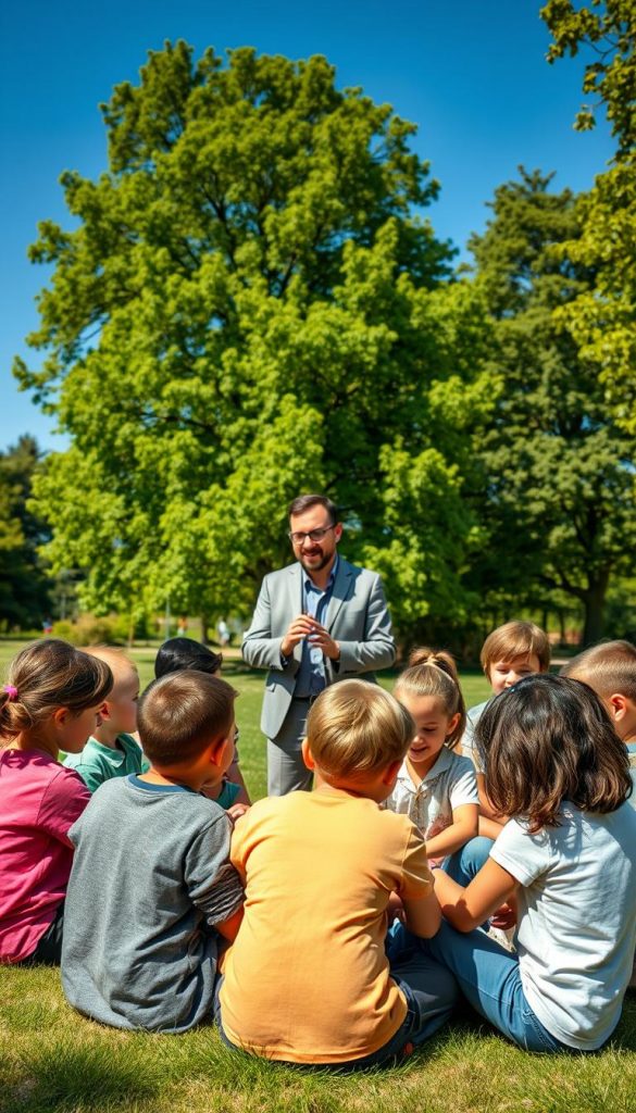 A vibrant outdoor scene capturing the essence of "Kopfspiele" with children and adults engaged in playful thinking games under a clear blue sky. The foreground features a group of diverse children, dressed in modest casual clothing, sitting in a circle and deep in thought, some laughing while others concentrate on a riddle. In the middle, an adult facilitator, in professional attire, guides the activity with expressive gestures. The background displays lush green trees and a bright, sunlit park, enhancing the cheerful atmosphere. The lighting is warm and inviting, creating a cozy feel, as if it’s a perfect afternoon for outdoor fun. The overall mood is joyful and engaging, highlighting the power of imagination and interaction in a natural setting.