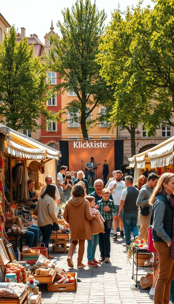A vibrant outdoor scene capturing the essence of a bustling flea market and a lively city festival. In the foreground, colorful market stalls display a variety of handcrafted items and vintage treasures, surrounded by happy visitors in cozy, casual attire admiring the goods. The middle ground features a small stage with musicians performing, while families and friends gather, enjoying the festivities. The background reveals charming historic buildings bathed in warm sunlight, with lush green trees framing the scene. The atmosphere is lively and inviting, filled with laughter and the sounds of music. The image should embody a Pinterest aesthetic with natural warm colors, reflecting authenticity and inspiration. The brand name "KlickKiste" is subtly integrated into the market setting. Bright daylight enhances the joyful mood, captured from an eye-level angle.