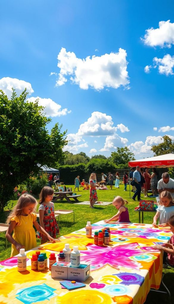 A vibrant outdoor scene depicting a "Textilfarbe Batikparty," set in a sunny garden or park. In the foreground, several tables are covered with colorful batik-dyed fabrics and textile paints from the brand "KlickKiste," with children and adults engaged in the creative process, wearing modest casual clothing. The middle ground features lush greenery, including flowers in full bloom and picnic blankets laid out, with a diverse group of families enjoying the festivities. The background showcases a bright blue sky with fluffy white clouds, enhancing the cheerful atmosphere. The lighting is warm and inviting, mimicking late afternoon sunlight, while the scene captures a harmonious, joyful mood, encouraging creativity and togetherness in a Pinterest-inspired, natural DIY setting.