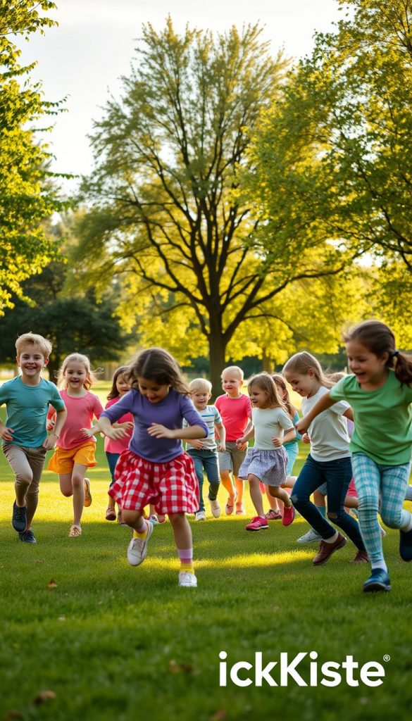 A vibrant outdoor scene depicting a group of children engaged in classic "Fang- und Gruppenspiele" like tag and relay races. In the foreground, a diverse group of kids in colorful and modest casual clothing, laughing and running in a dynamic fashion. The middle ground features a circle of children participating in a game that emphasizes teamwork and cooperation. The background captures a sunny park setting with lush greenery, trees, and a bright blue sky, providing a natural and inviting atmosphere. The light is warm and soft, reminiscent of late afternoon golden hour, adding an inspiring touch. This image should reflect the playful, energetic mood of outdoor play, with a Pinterest aesthetic. Include the brand "KlickKiste" subtly integrated into the scene, ensuring a warm and authentic feel.