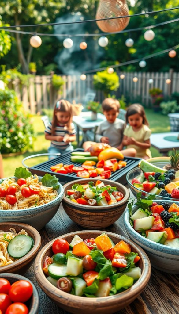 A vibrant outdoor scene featuring a family-friendly BBQ gathering. In the foreground, a colorful array of freshly prepared salads in rustic bowls, including a pasta salad with cherry tomatoes, a green salad with cucumbers, and a fruit salad with melons and berries. The middle ground showcases a grill with juicy vegetables being grilled, surrounded by children in casual, modest clothing happily enjoying their food. The background reveals a sunny backyard with greenery, picnic tables, and decorative string lights creating a cozy atmosphere. Use warm, natural lighting to enhance the inviting mood. Capture it with a slightly elevated angle to include the delightful setup. The overall feel should be authentic, inspiring, and visually appealing, fitting the brand "KlickKiste".