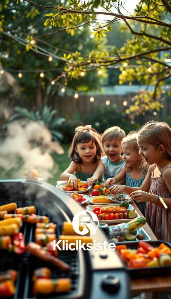 A vibrant outdoor scene featuring children enjoying a family-friendly barbecue, surrounded by colorful, healthy grill sides like corn on the cob, vegetable skewers, and fresh fruit platters. In the foreground, a group of happy, diverse kids wearing modest, casual summer clothing gather around a picnic table, laughing and reaching for delicious grilled treats. The middle ground showcases a grill with sizzling vegetables and a warm, inviting atmosphere, filled with phrases of joy and interaction. The background features a sunlit backyard with lush greenery and soft fairy lights strung across branches, creating a cozy and enchanting mood. The colors are warm and inviting, with a Pinterest-inspired aesthetic. The logo for "KlickKiste" subtly integrated into a decorative element, enhancing the overall charm of the scene.