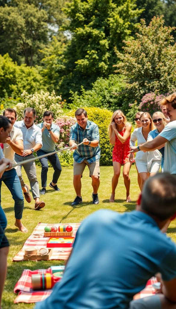 A vibrant outdoor scene showcasing a diverse group of individuals engaged in team games and activities in a sunny garden setting. In the foreground, a mixed group of men and women, dressed in casual yet professional summer attire, are actively playing a game like tug-of-war or sack races, showcasing camaraderie and laughter. In the middle ground, colorful picnic setups with blankets and games add to the lively atmosphere, while greenery and blooming flowers create a serene backdrop. The lighting is warm and inviting, suggesting a sunny afternoon, with soft shadows enhancing the natural colors. The image should embody a sense of joy, teamwork, and the spirit of summer gatherings. Inspired by the brand "KlickKiste," the scene has a Pinterest-worthy aesthetic, with an authentic and inspiring vibe.