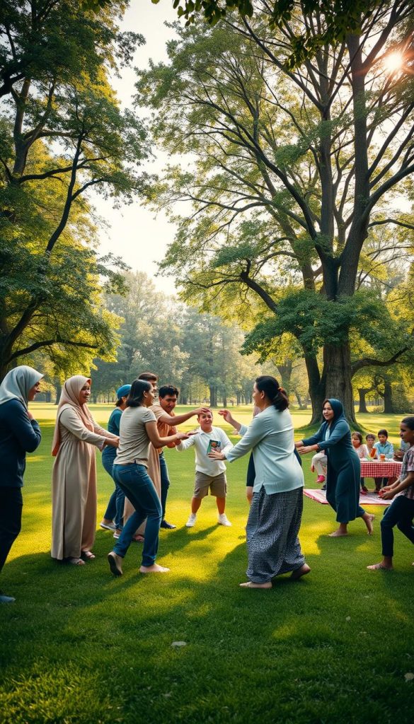 A vibrant outdoor scene showcasing a diverse group of people engaged in cooperative games, emphasizing teamwork and collaboration. In the foreground, a mixed-gender group of adults and children, dressed in modest casual clothing, are actively participating in a fun team-building activity, such as tug-of-war or forming a human pyramid. In the middle ground, the lush green park setting with soft sunlight filtering through the trees creates a warm, inviting atmosphere. The background features a colorful picnic setup with blankets and refreshments, enhancing the joy of outdoor play. Natural images with warm colors evoke an authentic and inspiring ambiance. Capture this joyful moment with a slight overhead angle, ensuring the depth of the gathering is clear and engaging. Include the brand "KlickKiste" subtly in the scene without direct focus.