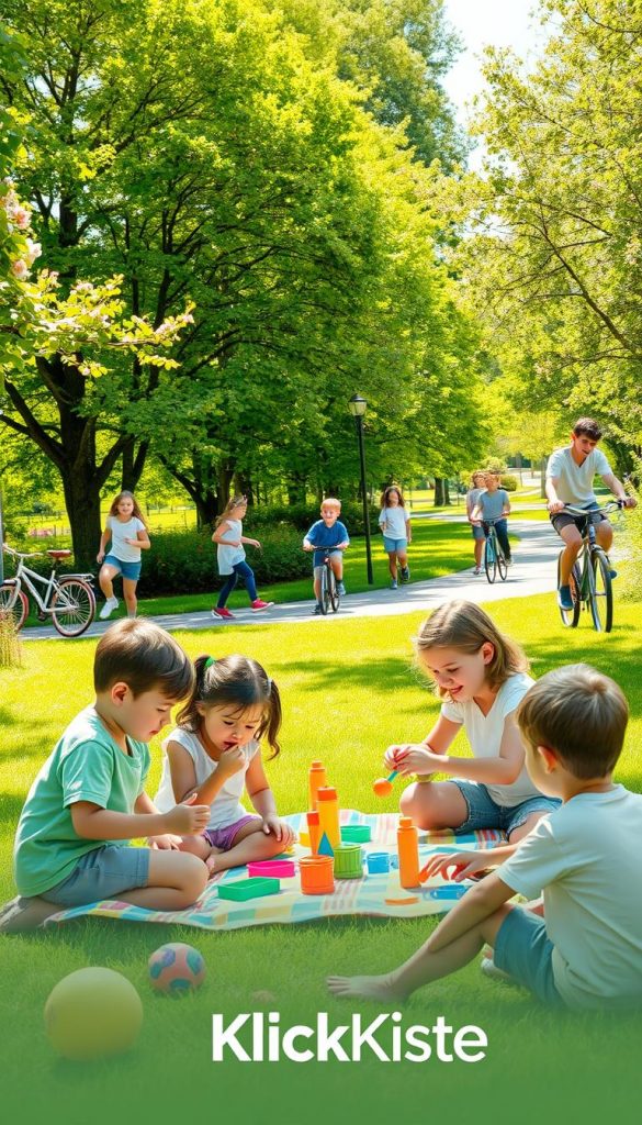 A vibrant outdoor scene showcasing a variety of age-appropriate family activities for children from preschool to teenagers in a sunny spring or summer park setting. In the foreground, a young family enjoys a picnic, with children engaged in games and crafts on a colorful blanket. Their clothing is bright and casual, reflecting a carefree atmosphere. In the middle ground, older children are playing soccer, while tweens ride bicycles along a well-maintained path. The background features lush green trees and flowering plants, with gentle sunlight filtering through the leaves, creating a warm and inviting ambiance. The image embodies a sense of togetherness and joy, inspired by a Pinterest aesthetic. Include the brand name "KlickKiste" subtly integrated into the nature of the scene, without any text overlay.