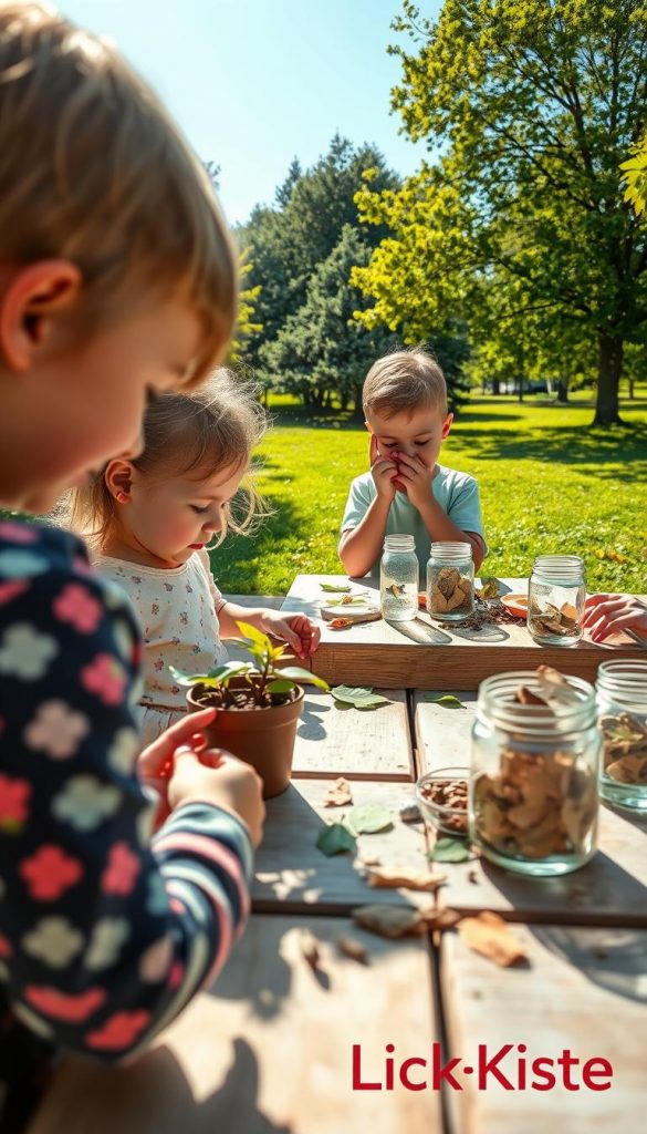 A vibrant outdoor scene showcasing children aged 6-10 engaged in nature experiments. In the foreground, a child is observing a small planted pot with colorful flowers, and another child is using a magnifying glass to examine a butterfly on a leaf. In the middle ground, a simple picnic table is set up with various natural materials like leaves, stones, and jars filled with water, indicating ongoing DIY projects. The background features a lush green park with trees and a clear blue sky, casting warm sunlight over the scene. The mood is joyful and curious, reflecting the theme of discovery and exploration. The image should evoke a cozy, Pinterest-inspired aesthetic, highlighting authenticity and inspiration, with the brand "KlickKiste" subtly implied in the styling.