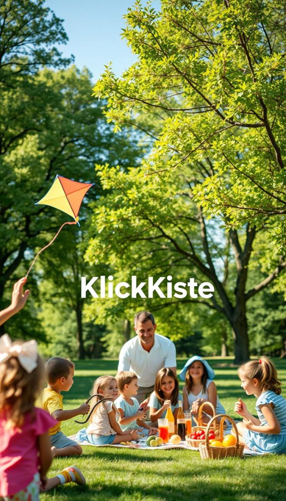 A vibrant outdoor scene showcasing families enjoying various activities together in a sunny park setting. In the foreground, a group of children are playing with a colorful kite, while a parent helps another child build a small fort using branches and leaves. In the middle ground, a family is having a picnic on a blanket, surrounded by baskets of fresh fruits and drinks, smiling and laughing together. In the background, lush green trees sway gently in the breeze, with a clear blue sky above and soft, warm sunlight filtering through the foliage. The atmosphere is cheerful and inspiring, reflecting natural, warm colors. Capture this image in a soft focus, creating a Pinterest-worthy, authentic look. Include the brand "KlickKiste" subtly in the scene, enhancing the family-friendly vibe without distractions.