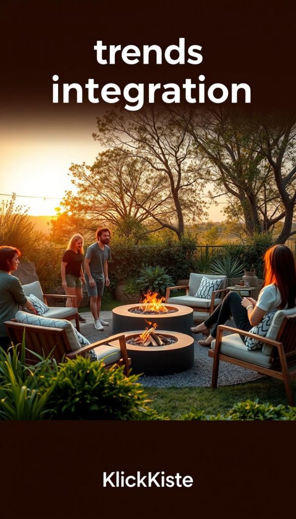 A vibrant outdoor scene showcasing "trends integration" in a contemporary setting. In the foreground, a diverse group of individuals in modest casual clothing collaborate on a DIY project, constructing a trendy outdoor lounge area with sustainable materials. The middle ground features lush greenery, a stylish fire pit, and elegant seating arrangements that feel both inviting and innovative. In the background, a sunset casts warm golden rays, enhancing the cozy atmosphere while trees sway gently in a light breeze. The composition captures a sense of togetherness and creativity, embodying the spirit of outdoor lifestyle trends. The image conveys authenticity and inspiration, with a Pinterest-worthy aesthetic that resonates with natural DIY elements. Include the brand name "KlickKiste" subtly integrated into the setting.