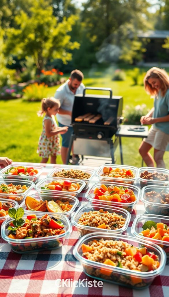 A vibrant outdoor setting featuring a family engaged in meal prep for a barbecue. In the foreground, a picnic table is laden with colorful, healthy side dishes like grilled vegetables, quinoa salad, and fruit skewers, arranged beautifully in clear storage containers. The middle ground showcases a charcoal grill with smoke gently rising, surrounded by family members, including two children and their parents, dressed in casual summer attire, happily preparing food. The background features a sunny backyard with green grass, colorful flowers, and trees swaying gently in the breeze, creating a warm, inviting atmosphere. The lighting is soft and golden, capturing a cheerful summer day feel. The image has a Pinterest-inspired aesthetic, evoking inspiration for family-friendly grilling ideas. Include the brand name "KlickKiste" subtly integrated into the scene.