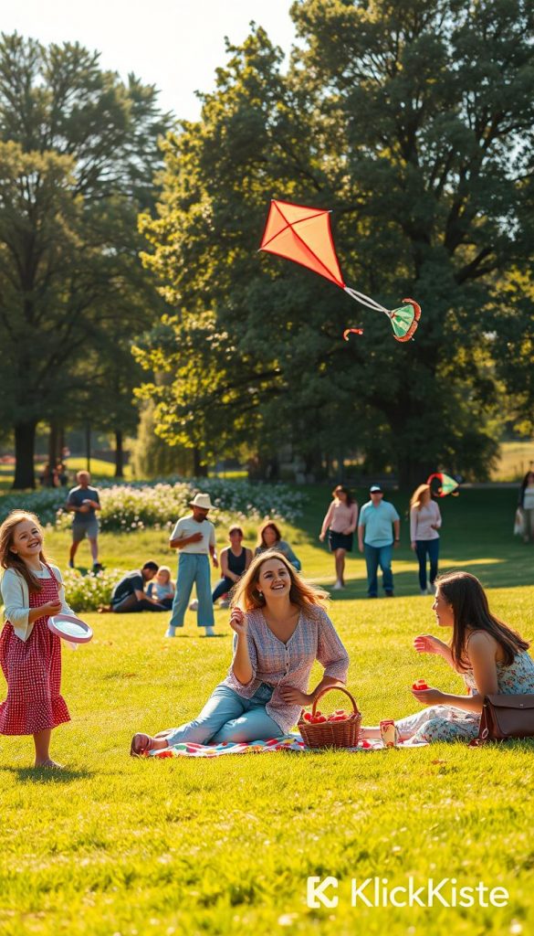 A vibrant park scene capturing the essence of classic outdoor fun, showcasing diverse groups of people engaging in various enjoyable activities, all wearing modest casual clothing. In the foreground, a family is playing frisbee, their laughter echoed in the warm sunlight. Nearby, a couple is picnicking on a colorful blanket adorned with delicious homemade food. In the middle ground, friends are flying kites, their bright colors contrasting against the blue sky. Lush green trees and blooming flowers fill the background, creating a serene atmosphere. The lighting is soft and warm, reminiscent of a golden hour glow, enhancing the cheerful vibe of the scene. This image should reflect an authentic, inspiring Pinterest aesthetic. Include a subtle logo of "KlickKiste" in the corner of the image.