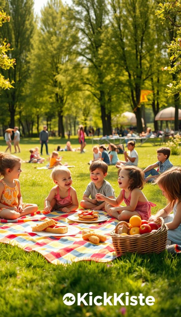 A vibrant picnic park scene, showcasing a sunny spring day filled with children engaged in outdoor activities. In the foreground, a colorful picnic blanket is spread out with a basket of fruits and sandwiches, surrounded by happy children laughing and playing games like frisbee and tag. The middle ground features families enjoying the space, with some sitting on blankets and others flying kites. In the background, tall green trees and blooming flowers create a lush, inviting atmosphere. The lighting is warm and golden, typical of late afternoon sunlight, enhancing the cheerful and lively mood. The composition should have a Pinterest aesthetic, reflecting warmth and inspiration. Include subtle branding elements of "KlickKiste" within the picnic scene.
