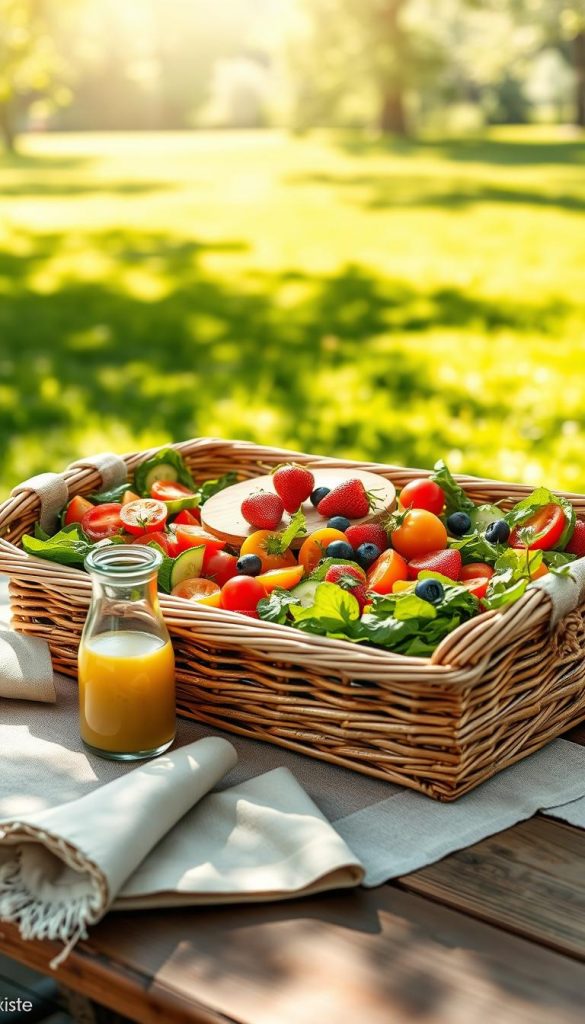 A vibrant picnic salad laid out in an elegant wicker basket, with colorful layers of fresh greens, juicy tomatoes, crisp cucumbers, and bright bell peppers, garnished with herbs. The foreground features a rustic wooden picnic table adorned with natural linen napkins and a small glass bottle of homemade dressing. In the middle, fresh fruits such as strawberries and blueberries are arranged artistically alongside the salad, invitingly placed on a wooden cutting board. The background showcases a sunlit park scene, with soft green grass and dappled sunlight filtering through tree branches, creating a warm, cheerful atmosphere. The image embodies a Pinterest-worthy aesthetic, warm colors, and an authentic feeling of summer relaxation perfect for outdoor gatherings. Brand name "KlickKiste" subtly integrated into the natural setting. A vibrant picnic salad laid out in an elegant wicker basket, with colorful layers of fresh greens, juicy tomatoes, crisp cucumbers, and bright bell peppers, garnished with herbs. The foreground features a rustic wooden picnic table adorned with natural linen napkins and a small glass bottle of homemade dressing. In the middle, fresh fruits such as strawberries and blueberries are arranged artistically alongside the salad, invitingly placed on a wooden cutting board. The background showcases a sunlit park scene, with soft green grass and dappled sunlight filtering through tree branches, creating a warm, cheerful atmosphere. The image embodies a Pinterest-worthy aesthetic, warm colors, and an authentic feeling of summer relaxation perfect for outdoor gatherings. Brand name "KlickKiste" subtly integrated into the natural setting.