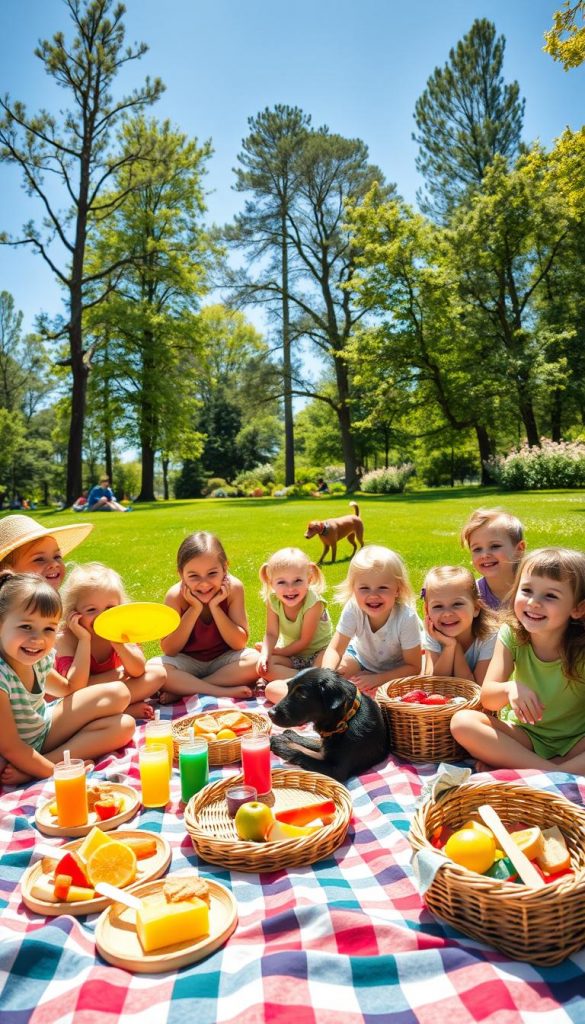 A vibrant picnic scene featuring cheerful children enjoying a sunny day outdoors. In the foreground, a diverse group of kids, dressed in colorful, casual clothing, sits on a checkered picnic blanket spread with delicious snacks like fruits, sandwiches, and juice boxes. They are laughing and playing with a frisbee. In the middle ground, there are picnic baskets filled with goodies, and a nearby dog playfully engaging with the children. The background showcases a lush green park with tall trees and blooming flowers under a bright blue sky. The lighting is warm and inviting, emphasizing the joy of a perfect family outing. The image radiates a sense of fun, friendship, and adventure, perfect for inspiring picnic ideas for kids. [KlickKiste]