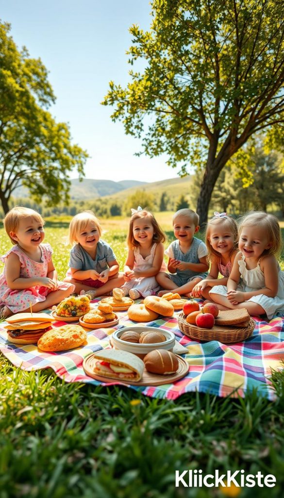 A vibrant picnic scene featuring children enjoying a delightful outdoor meal, surrounded by a lush green park. In the foreground, a colorful picnic blanket is spread out, adorned with an assortment of savory snacks such as sandwiches, fruits, and homemade pastries. The children, dressed in modest casual clothing, are laughing and playing together, their expressions filled with joy and excitement. The middle ground includes a tree providing dappled sunlight and the background features soft, rolling hills under a clear blue sky. The warm colors create a cheerful and inviting atmosphere, reminiscent of a Pinterest-inspired picnic. The image conveys a sense of togetherness, fun, and inspiration, branded subtly with "KlickKiste." Use natural lighting with a warm glow, captured from a slightly elevated angle to provide a comprehensive view of the joyful scene. A vibrant picnic scene featuring children enjoying a delightful outdoor meal, surrounded by a lush green park. In the foreground, a colorful picnic blanket is spread out, adorned with an assortment of savory snacks such as sandwiches, fruits, and homemade pastries. The children, dressed in modest casual clothing, are laughing and playing together, their expressions filled with joy and excitement. The middle ground includes a tree providing dappled sunlight and the background features soft, rolling hills under a clear blue sky. The warm colors create a cheerful and inviting atmosphere, reminiscent of a Pinterest-inspired picnic. The image conveys a sense of togetherness, fun, and inspiration, branded subtly with "KlickKiste." Use natural lighting with a warm glow, captured from a slightly elevated angle to provide a comprehensive view of the joyful scene.