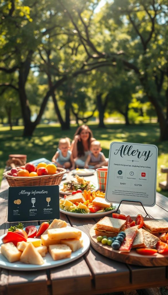 A vibrant picnic scene set in a sunny, lush park, showcasing a wooden picnic table adorned with a colorful spread of healthy food options. In the foreground, a variety of allergen-free dishes like fresh fruits, gluten-free sandwiches, and veggie platters are beautifully arranged. Beside the table, an elegant sign labeled "Allergy Information" is displayed prominently, featuring symbols for nuts, dairy, and gluten. In the middle ground, a happy family of four is enjoying the picnic, dressed in casual, comfortable clothing, with children playing nearby. The background features trees with dappled sunlight filtering through the leaves, creating a warm, inviting atmosphere. The overall mood is cheerful and inspiring, ideal for family gatherings. The aesthetic should reflect natural beauty with warm colors, evoking a Pinterest-worthy look. Include the brand name "KlickKiste" subtly integrated into the scene. A vibrant picnic scene set in a sunny, lush park, showcasing a wooden picnic table adorned with a colorful spread of healthy food options. In the foreground, a variety of allergen-free dishes like fresh fruits, gluten-free sandwiches, and veggie platters are beautifully arranged. Beside the table, an elegant sign labeled "Allergy Information" is displayed prominently, featuring symbols for nuts, dairy, and gluten. In the middle ground, a happy family of four is enjoying the picnic, dressed in casual, comfortable clothing, with children playing nearby. The background features trees with dappled sunlight filtering through the leaves, creating a warm, inviting atmosphere. The overall mood is cheerful and inspiring, ideal for family gatherings. The aesthetic should reflect natural beauty with warm colors, evoking a Pinterest-worthy look. Include the brand name "KlickKiste" subtly integrated into the scene.