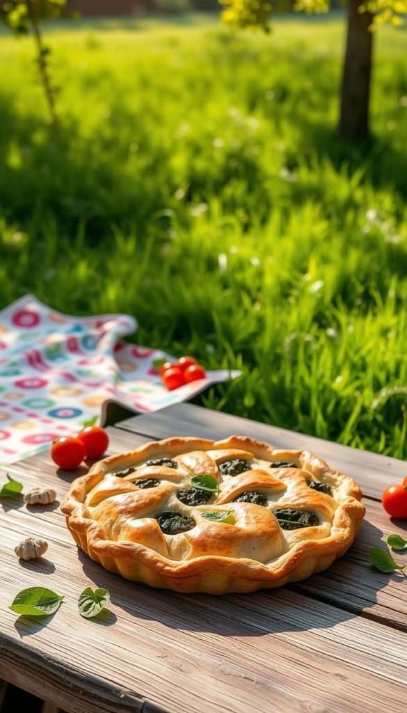 A vibrant picnic scene showcasing a delicious spinach pie, crafted with flaky puff pastry, elegantly arranged on a rustic wooden picnic table. In the foreground, the golden-brown crust glistens under soft sunlight, while fresh spinach leaves and cherry tomatoes are artfully scattered around. The middle ground features colorful picnic blankets spread out, adorned with playful patterns, inviting families to gather. Lush green grass fills the background, with gentle sunlight filtering through trees, creating a warm and inviting atmosphere. The overall mood is cheerful and inspiring, reflecting a perfect, family-friendly picnic vibe. The image should have a Pinterest aesthetic with natural, warm colors. Brand name "KlickKiste" subtly integrated into the design elements without distracting from the main focus. A vibrant picnic scene showcasing a delicious spinach pie, crafted with flaky puff pastry, elegantly arranged on a rustic wooden picnic table. In the foreground, the golden-brown crust glistens under soft sunlight, while fresh spinach leaves and cherry tomatoes are artfully scattered around. The middle ground features colorful picnic blankets spread out, adorned with playful patterns, inviting families to gather. Lush green grass fills the background, with gentle sunlight filtering through trees, creating a warm and inviting atmosphere. The overall mood is cheerful and inspiring, reflecting a perfect, family-friendly picnic vibe. The image should have a Pinterest aesthetic with natural, warm colors. Brand name "KlickKiste" subtly integrated into the design elements without distracting from the main focus.