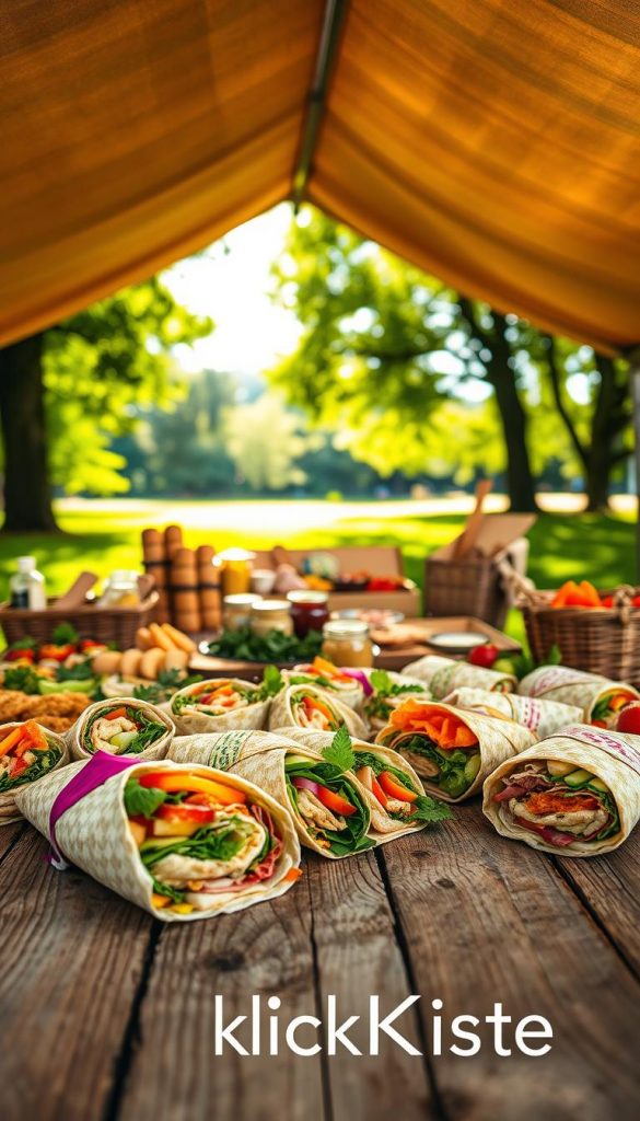 A vibrant picnic scene showcasing an assortment of colorful wraps and brottaschen artistically arranged on a rustic wooden table under a sunlit canopy. The foreground features neatly rolled wraps filled with fresh vegetables, deli meats, and spreads, garnished with herbs. In the middle ground, a DIY sandwich bar displays various toppings and bread options, inviting a playful, hands-on experience for children. The background reveals a lush green park with gentle sunlight filtering through the trees, creating a warm, inviting atmosphere. Capture this scene with soft focus and natural lighting, emphasizing the vivid colors and textures of the food, and enhancing the Pinterest-inspired aesthetic. Include subtle branding for "KlickKiste" in an elegant, unobtrusive manner, ensuring the image radiates authenticity and inspiration for family-friendly picnics. A vibrant picnic scene showcasing an assortment of colorful wraps and brottaschen artistically arranged on a rustic wooden table under a sunlit canopy. The foreground features neatly rolled wraps filled with fresh vegetables, deli meats, and spreads, garnished with herbs. In the middle ground, a DIY sandwich bar displays various toppings and bread options, inviting a playful, hands-on experience for children. The background reveals a lush green park with gentle sunlight filtering through the trees, creating a warm, inviting atmosphere. Capture this scene with soft focus and natural lighting, emphasizing the vivid colors and textures of the food, and enhancing the Pinterest-inspired aesthetic. Include subtle branding for "KlickKiste" in an elegant, unobtrusive manner, ensuring the image radiates authenticity and inspiration for family-friendly picnics.