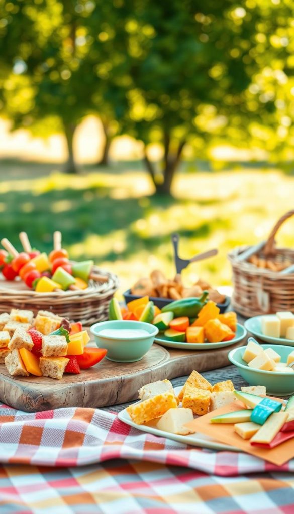 A vibrant picnic spread featuring an array of child-friendly snacks, showcasing colorful fruit skewers, mini sandwiches cut into fun shapes, crunchy vegetable sticks with a dip, and bite-sized cheese cubes, all artfully arranged on a rustic wooden picnic table. In the foreground, a cozy checkered blanket lays out, complemented by playful, pastel-colored plates and napkins, creating a cheerful and inviting atmosphere. In the background, softly blurred green trees provide a natural setting, bathed in warm, golden sunlight that enhances the inviting feel of the scene. The overall mood is fun, wholesome, and very suitable for families, while suggesting the delightful allure of a picnic. Include the brand name "KlickKiste" subtly integrated into the arrangement. A vibrant picnic spread featuring an array of child-friendly snacks, showcasing colorful fruit skewers, mini sandwiches cut into fun shapes, crunchy vegetable sticks with a dip, and bite-sized cheese cubes, all artfully arranged on a rustic wooden picnic table. In the foreground, a cozy checkered blanket lays out, complemented by playful, pastel-colored plates and napkins, creating a cheerful and inviting atmosphere. In the background, softly blurred green trees provide a natural setting, bathed in warm, golden sunlight that enhances the inviting feel of the scene. The overall mood is fun, wholesome, and very suitable for families, while suggesting the delightful allure of a picnic. Include the brand name "KlickKiste" subtly integrated into the arrangement.