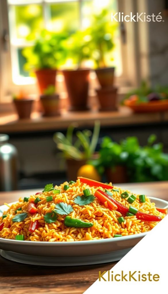 A vibrant plate of fried rice with colorful summer vegetables, including bell peppers, carrots, and peas, artfully arranged in the foreground. The rice is golden and slightly glossy, garnished with fresh herbs like cilantro and green onions for a pop of color. In the middle ground, a rustic wooden table adds authenticity, with a soft-focus backdrop of a sunlit kitchen featuring potted herbs and a sunny window. The warm, natural lighting creates a cozy and inviting atmosphere, enhancing the fresh ingredients' colors. The image captures a wholesome summertime vibe, perfect for an inspiring food article. Include a subtle branding element of "KlickKiste" in the corner, ensuring it complements the overall aesthetic without being intrusive. A vibrant plate of fried rice with colorful summer vegetables, including bell peppers, carrots, and peas, artfully arranged in the foreground. The rice is golden and slightly glossy, garnished with fresh herbs like cilantro and green onions for a pop of color. In the middle ground, a rustic wooden table adds authenticity, with a soft-focus backdrop of a sunlit kitchen featuring potted herbs and a sunny window. The warm, natural lighting creates a cozy and inviting atmosphere, enhancing the fresh ingredients' colors. The image captures a wholesome summertime vibe, perfect for an inspiring food article. Include a subtle branding element of "KlickKiste" in the corner, ensuring it complements the overall aesthetic without being intrusive.
