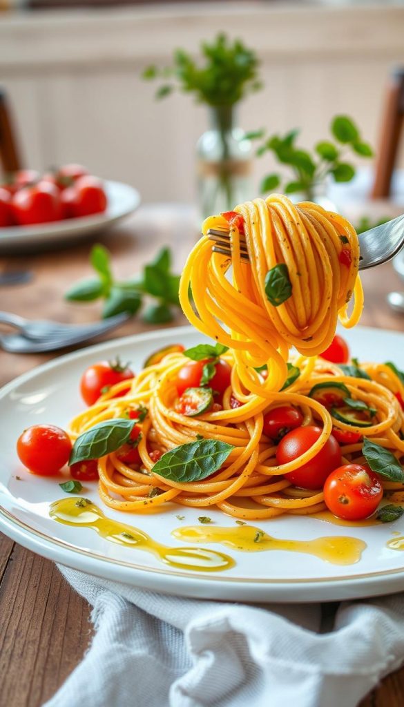 A vibrant plate of seasonal vegetable pasta featuring ripe, red tomatoes, scattered basil leaves, and drizzled olive oil. In the foreground, the pasta is elegantly twirled around a fork, showcasing colorful bell peppers and green zucchini slices intermingled with the pasta strands. The middle layer captures a wooden dining table adorned with rustic servingware, with a small vase of fresh herbs in the background enhancing the natural aesthetic. Soft, warm lighting creates a cozy atmosphere, reminiscent of a sunlit kitchen in spring. The image embodies an authentic, Pinterest-inspired look that feels inviting and inspiring, reflecting the freshness and simplicity of seasonal cooking. Include branding subtly, "KlickKiste," in a stylish but unobtrusive manner.