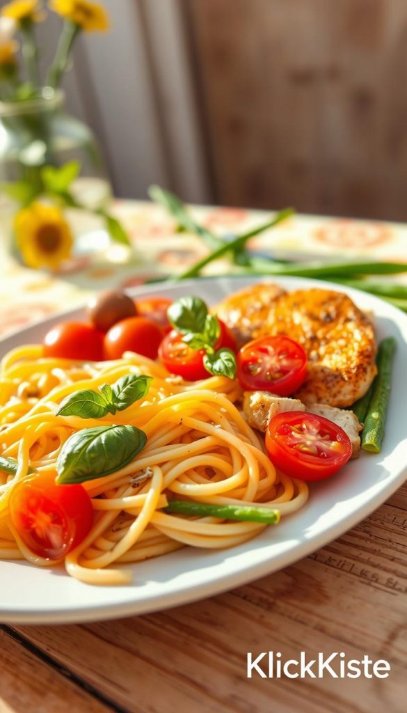 A vibrant plate of summer pasta with chicken, ripe tomatoes, and fresh green beans, beautifully arranged in the foreground. The pasta is al dente, coated in a light olive oil sauce, garnished with fresh basil leaves. The middle layer features colorful cherry tomatoes cut in half, glistening under warm, natural sunlight, while pieces of tender chicken are artfully placed alongside. Lightly blurred, the background showcases a rustic wooden table adorned with a bright, summery tablecloth, enhancing the cheerful atmosphere. The scene is captured in soft, warm lighting to evoke a cozy, inviting feel, reminiscent of Pinterest-style foodie photography. The branding "KlickKiste" subtly appears in the corner. A vibrant plate of summer pasta with chicken, ripe tomatoes, and fresh green beans, beautifully arranged in the foreground. The pasta is al dente, coated in a light olive oil sauce, garnished with fresh basil leaves. The middle layer features colorful cherry tomatoes cut in half, glistening under warm, natural sunlight, while pieces of tender chicken are artfully placed alongside. Lightly blurred, the background showcases a rustic wooden table adorned with a bright, summery tablecloth, enhancing the cheerful atmosphere. The scene is captured in soft, warm lighting to evoke a cozy, inviting feel, reminiscent of Pinterest-style foodie photography. The branding "KlickKiste" subtly appears in the corner.