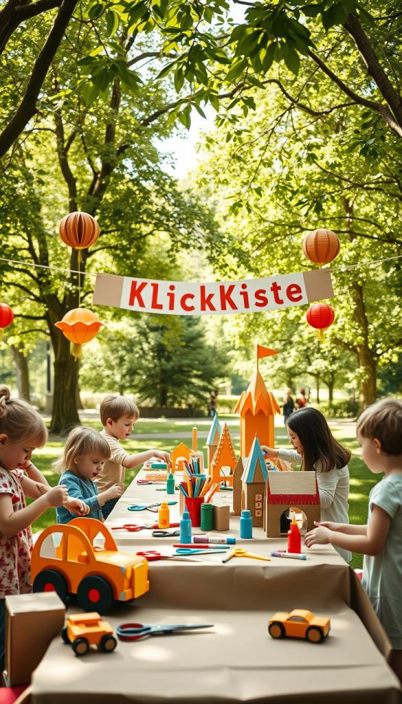 A vibrant playground scene for a children's party, featuring a variety of engaging upcycling craft ideas made from cardboard. In the foreground, children in modest casual clothing are eagerly playing with creatively designed cardboard toys, like a colorful car and a whimsical castle. The middle ground showcases a long table adorned with DIY craft supplies, including scissors, glue, and paint in warm, inviting colors. Lively decorations made from cardboard hang in the trees, and a banner reading "KlickKiste" flutters gently. The background is a sunny park filled with greenery, creating a joyful and playful atmosphere. Soft, natural light filters through the leaves, enhancing the scene's earthy, inspirational feel, reminiscent of popular Pinterest aesthetics.