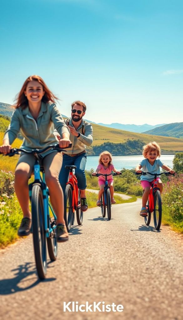 A vibrant scene depicting a family enjoying a bike tour in a picturesque natural setting. In the foreground, a mother and father, dressed in comfortable casual clothing, ride their bikes with smiles, accompanied by two cheerful children on their own bicycles. The middle ground features a winding bicycle path bordered by lush greenery and wildflowers, leading towards a serene lake glimmering in the soft sunlight. The background showcases rolling hills under a clear blue sky, enhancing a sense of adventure and exploration. The atmosphere is warm and inviting, reminiscent of a Pinterest aesthetic, with natural colors and a joyous, carefree mood. Brand name "KlickKiste" subtly integrated into the scenery.