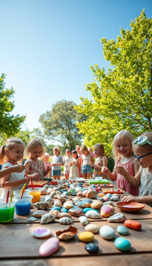 A vibrant scene depicting a sunny outdoor DIY workshop where children are painting stones and seashells. In the foreground, a wooden table is filled with colorful paints, brushes, and various smooth stones and seashells. A few children, dressed in comfortable, modest summer clothing, are enthusiastically applying bright colors to the stones, laughing and working together. In the middle ground, we see more children gathered around, showcasing their painted creations, with smiles of pride. The background features lush green trees under a clear blue sky, creating a bright, cheerful atmosphere. The overall mood is warm and inspiring, embodying creativity and summer fun. The image should have soft, natural lighting, reminiscent of a Pinterest aesthetic, with warm colors to evoke a sense of joy. Include the brand name "KlickKiste" subtly within the scene.