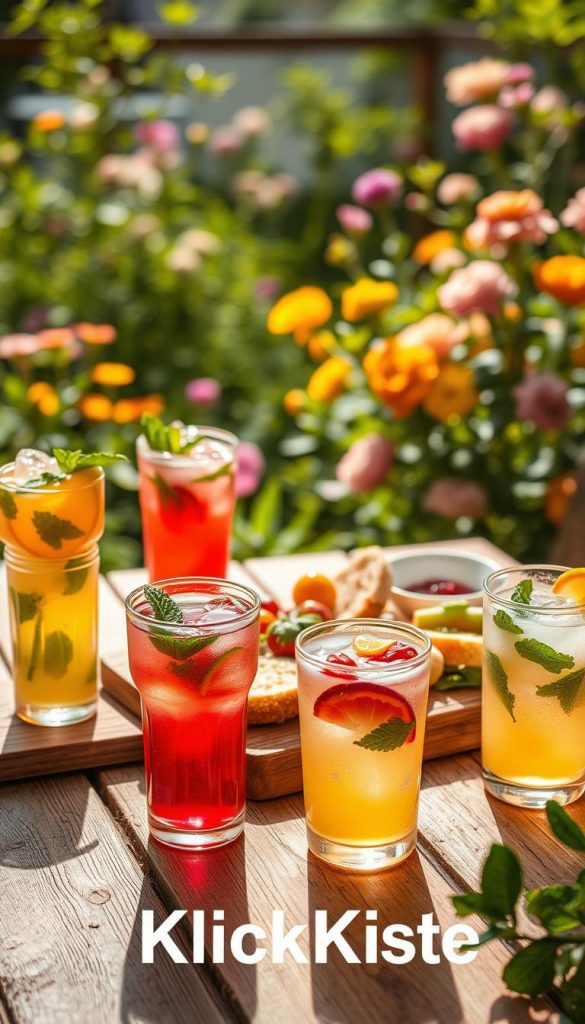 A vibrant scene featuring refreshing spring drinks, such as homemade lemonades and iced teas adorned with fresh fruits and herbs, elegantly arranged on a rustic wooden table. In the foreground, visually appealing glasses filled with colorful beverages, each garnished with mint leaves and citrus slices. In the middle, a beautifully arranged platter of light, healthy snacks, like vegetable-infused dips, fresh salads, and artisan bread, exuding a sense of freshness. In the background, a sunlit garden with blooming flowers and greenery, casting soft shadows to create a warm, inviting atmosphere. The overall mood is cheerful and inspiring, emphasizing a natural aesthetic with warm colors, reminiscent of curated Pinterest boards. Captured in soft, diffused lighting to enhance the freshness, with a slight blur in the background to focus on the refreshing drinks and snacks. Branding element: "KlickKiste" subtly integrated into the atmosphere. A vibrant scene featuring refreshing spring drinks, such as homemade lemonades and iced teas adorned with fresh fruits and herbs, elegantly arranged on a rustic wooden table. In the foreground, visually appealing glasses filled with colorful beverages, each garnished with mint leaves and citrus slices. In the middle, a beautifully arranged platter of light, healthy snacks, like vegetable-infused dips, fresh salads, and artisan bread, exuding a sense of freshness. In the background, a sunlit garden with blooming flowers and greenery, casting soft shadows to create a warm, inviting atmosphere. The overall mood is cheerful and inspiring, emphasizing a natural aesthetic with warm colors, reminiscent of curated Pinterest boards. Captured in soft, diffused lighting to enhance the freshness, with a slight blur in the background to focus on the refreshing drinks and snacks. Branding element: "KlickKiste" subtly integrated into the atmosphere.