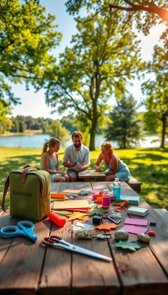 A vibrant scene showcasing a "KlickKiste" travel crafting kit set up in a picturesque outdoor environment. In the foreground, a wooden picnic table is adorned with brightly colored craft supplies including scissors, glue, paper, and natural materials like leaves and stones. The middle ground features a family of four, dressed in casual summer attire, joyfully engaged in crafting together. The background reveals a serene park with lush green trees and a sparkling lake under a clear blue sky, accentuating a warm and inviting summer atmosphere. Soft, natural lighting bathes the scene, enhancing the cozy, inspirational mood. The image captures the essence of DIY creativity while reflecting a Pinterest-inspired aesthetic with warm colors.
