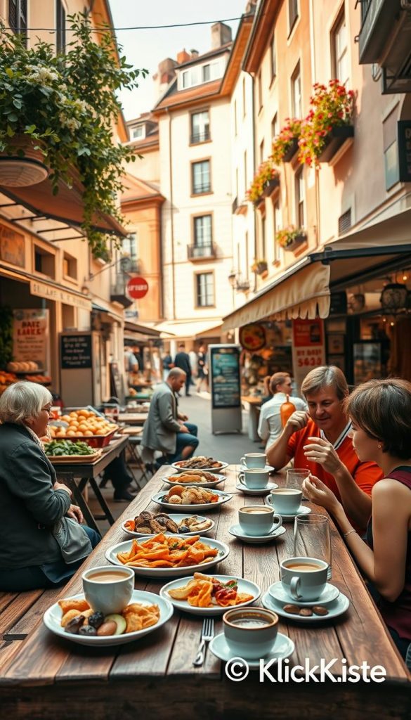 A vibrant scene showcasing a cozy outdoor restaurant and caf&eacute; surrounded by local markets. In the foreground, a wooden table is set with delicious, colorful plates of food and steaming cups of coffee, inviting guests. Family groups, dressed in modest casual clothing, enjoy their meals, creating a warm, inviting atmosphere. In the middle ground, bustling stalls display fresh produce, artisanal baked goods, and handmade crafts, all bathed in soft, golden sunlight. The background features charming old buildings adorned with flower boxes, hinting at a picturesque street. The overall mood is cheerful and relaxed, evoking a sense of community and enjoyment. The scene is styled in natural warm colors with a Pinterest aesthetic, evoking authenticity and inspiration. Include a subtle logo for "KlickKiste" in the corner, ensuring it blends seamlessly into the composition.