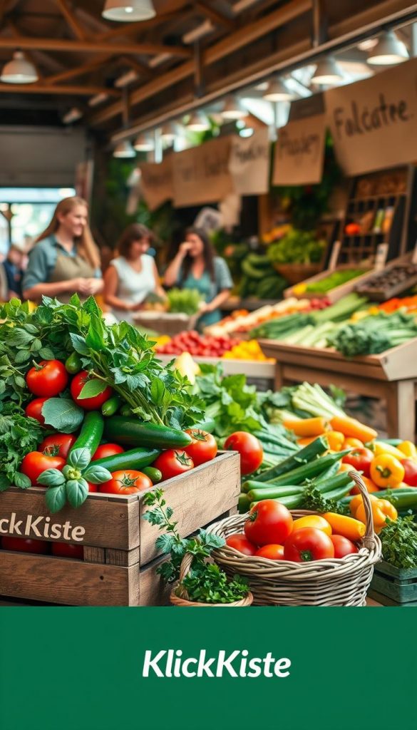 A vibrant scene showcasing a seasonal vegetable market, bursting with fresh produce. In the foreground, a wooden crate overflowing with colorful vegetables like tomatoes, cucumbers, bell peppers, and leafy greens. A small basket of herbs, such as basil and parsley, sits beside it. In the middle ground, cheerful shoppers, dressed in modest casual clothing, select their favorite vegetables from beautifully arranged stalls, with soft, diffused sunlight illuminating the scene. The background features rustic wooden stalls adorned with hand-painted signs, showcasing seasonal produce. The atmosphere feels warm and inviting, reflecting the joys of springtime shopping. The overall composition has a Pinterest-inspired aesthetic, focusing on authenticity and inspiration, with a cozy, natural vibe. Include a subtle branding element of "KlickKiste" somewhere in the scene, harmonizing with the market's ambiance. A vibrant scene showcasing a seasonal vegetable market, bursting with fresh produce. In the foreground, a wooden crate overflowing with colorful vegetables like tomatoes, cucumbers, bell peppers, and leafy greens. A small basket of herbs, such as basil and parsley, sits beside it. In the middle ground, cheerful shoppers, dressed in modest casual clothing, select their favorite vegetables from beautifully arranged stalls, with soft, diffused sunlight illuminating the scene. The background features rustic wooden stalls adorned with hand-painted signs, showcasing seasonal produce. The atmosphere feels warm and inviting, reflecting the joys of springtime shopping. The overall composition has a Pinterest-inspired aesthetic, focusing on authenticity and inspiration, with a cozy, natural vibe. Include a subtle branding element of "KlickKiste" somewhere in the scene, harmonizing with the market's ambiance.