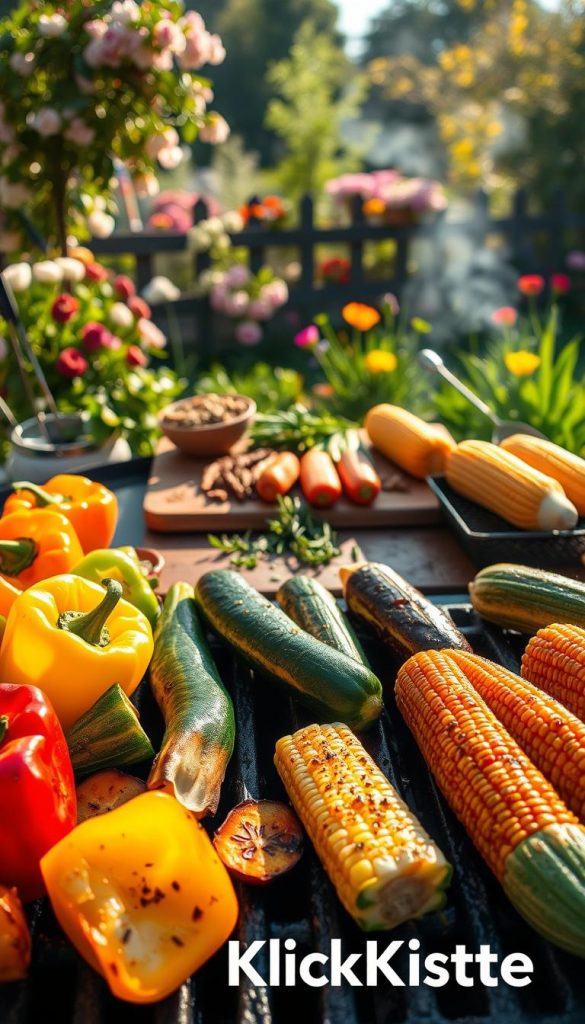 A vibrant scene showcasing a variety of seasonal vegetables being grilled outdoors, capturing the essence of spring, summer, autumn, and winter. In the foreground, colorful bell peppers, zucchini, eggplants, and corn on the grill sizzle, their natural juices creating a mouthwatering effect. In the middle, a rustic wooden table adorned with fresh herbs and spices, alongside a traditional grill. In the background, a picturesque garden setting with blossoming flowers in spring, sunny greenery of summer, falling leaves in autumn, and hints of frost in winter, all illuminated by warm, inviting sunlight. The image should evoke a sense of joy and family togetherness, with a soft focus and a warm color palette. The branding "KlickKiste" subtly integrated into the scene.