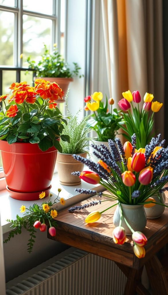 A vibrant scene showcasing an array of blooming flowers arranged elegantly in various pots, positioned on a window sill that opens to a charming balcony adorned with fresh greenery. In the foreground, a striking geranium in a vibrant red pot captures attention, surrounded by delicate yellow daisies and lush ferns. The middle ground features a rustic wooden table adorned with an assortment of colorful tulips and lavender sprigs spilling out of charming ceramic vases. The background reveals a sunny spring day, with soft sunlight filtering through curtains, creating a warm, inviting atmosphere. The composition conveys a sense of freshness and inspiration, embodying the DIY aesthetic. The overall mood is bright, cheerful, and uplifting, perfect for a spring decor theme by KlickKiste, reminiscent of popular Pinterest designs. A vibrant scene showcasing an array of blooming flowers arranged elegantly in various pots, positioned on a window sill that opens to a charming balcony adorned with fresh greenery. In the foreground, a striking geranium in a vibrant red pot captures attention, surrounded by delicate yellow daisies and lush ferns. The middle ground features a rustic wooden table adorned with an assortment of colorful tulips and lavender sprigs spilling out of charming ceramic vases. The background reveals a sunny spring day, with soft sunlight filtering through curtains, creating a warm, inviting atmosphere. The composition conveys a sense of freshness and inspiration, embodying the DIY aesthetic. The overall mood is bright, cheerful, and uplifting, perfect for a spring decor theme by KlickKiste, reminiscent of popular Pinterest designs.