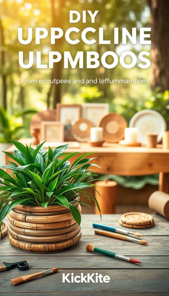 A vibrant scene showcasing the art of upcycling bamboo, featuring various DIY projects made from bamboo tubes and leftover materials. In the foreground, a beautifully crafted bamboo planter filled with lush greenery, surrounded by small tools and paint brushes. The middle section displays a rustic wooden table adorned with finished DIY crafts like bamboo coasters, candle holders, and wall art, all exuding a warm, inviting atmosphere. The background features a soft-focus natural setting, with sunlight filtering through trees, creating a serene and inspiring mood. The color palette should consist of warm tones and earthy hues to enhance the natural aesthetic. This image should embody the creative essence of "KlickKiste", inspiring viewers with its authentic, Pinterest-worthy look.
