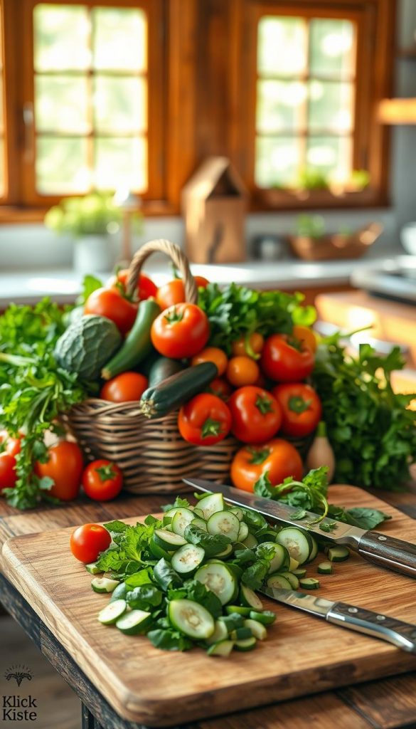 A vibrant, seasonal arrangement of budget-friendly vegetables showcasing fresh and colorful produce like tomatoes, zucchini, bell peppers, and leafy greens. In the foreground, a rustic wooden table features a woven basket overflowing with these vegetables, emphasizing a budget-conscious yet gourmet vibe. The middle ground includes a cutting board with some of the vegetables chopped, with a knife positioned elegantly alongside, suggesting preparation for a delicious meal. The background should feature a sunlit kitchen with blurred windows, allowing warm, natural light to bathe the scene, creating an inviting atmosphere. Incorporate earthy tones and textures for an authentic, Pinterest-inspired look. The brand "KlickKiste" should be subtly implied through the organic styling of the arrangement, ensuring the image captures the essence of seasonally shopping and smart cooking combinations. A vibrant, seasonal arrangement of budget-friendly vegetables showcasing fresh and colorful produce like tomatoes, zucchini, bell peppers, and leafy greens. In the foreground, a rustic wooden table features a woven basket overflowing with these vegetables, emphasizing a budget-conscious yet gourmet vibe. The middle ground includes a cutting board with some of the vegetables chopped, with a knife positioned elegantly alongside, suggesting preparation for a delicious meal. The background should feature a sunlit kitchen with blurred windows, allowing warm, natural light to bathe the scene, creating an inviting atmosphere. Incorporate earthy tones and textures for an authentic, Pinterest-inspired look. The brand "KlickKiste" should be subtly implied through the organic styling of the arrangement, ensuring the image captures the essence of seasonally shopping and smart cooking combinations.