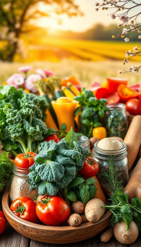 A vibrant seasonal arrangement showcasing fresh, organic vegetables and herbs representing spring, summer, autumn, and winter for a vegetarian family meals theme. In the foreground, display an assortment of colorful vegetables, like bright red tomatoes, green leafy kale, seasonal squash, and root vegetables, carefully arranged in a rustic wooden bowl. The middle ground features mason jars filled with herbs such as basil, rosemary, and thyme, exuding a fresh garden vibe. In the background, soft-focus seasonal scenery includes blossoming flowers for spring, a sunlit field for summer, colorful leaves for autumn, and frosted branches for winter. Use warm, natural lighting with a soft depth of field to create an inviting and inspiring atmosphere, showcasing a "KlickKiste" lifestyle. A vibrant seasonal arrangement showcasing fresh, organic vegetables and herbs representing spring, summer, autumn, and winter for a vegetarian family meals theme. In the foreground, display an assortment of colorful vegetables, like bright red tomatoes, green leafy kale, seasonal squash, and root vegetables, carefully arranged in a rustic wooden bowl. The middle ground features mason jars filled with herbs such as basil, rosemary, and thyme, exuding a fresh garden vibe. In the background, soft-focus seasonal scenery includes blossoming flowers for spring, a sunlit field for summer, colorful leaves for autumn, and frosted branches for winter. Use warm, natural lighting with a soft depth of field to create an inviting and inspiring atmosphere, showcasing a "KlickKiste" lifestyle.