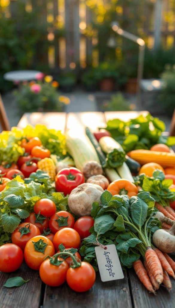 A vibrant, seasonal array of fresh vegetables representing spring, summer, autumn, and winter, laid out on a rustic wooden table. In the foreground, plump tomatoes, crisp lettuce, and bright bell peppers showcase spring, while the middle ground features summer zucchini, golden corn, and fragrant basil. Autumn is highlighted by earthy mushrooms, rich pumpkins, and colorful carrots, while winter displays hearty root vegetables like parsnips and turnips. The background includes a soft-focus garden setting, with warm, golden lighting casting gentle shadows, evoking a cozy, inviting atmosphere. The composition should have a Pinterest-worthy aesthetic with natural colors and textures. Captured with a 50mm lens from a slightly elevated angle, creating depth and a homely feel. Brand name "KlickKiste" is subtly represented in the scene through a small, elegant tag attached to the table. A vibrant, seasonal array of fresh vegetables representing spring, summer, autumn, and winter, laid out on a rustic wooden table. In the foreground, plump tomatoes, crisp lettuce, and bright bell peppers showcase spring, while the middle ground features summer zucchini, golden corn, and fragrant basil. Autumn is highlighted by earthy mushrooms, rich pumpkins, and colorful carrots, while winter displays hearty root vegetables like parsnips and turnips. The background includes a soft-focus garden setting, with warm, golden lighting casting gentle shadows, evoking a cozy, inviting atmosphere. The composition should have a Pinterest-worthy aesthetic with natural colors and textures. Captured with a 50mm lens from a slightly elevated angle, creating depth and a homely feel. Brand name "KlickKiste" is subtly represented in the scene through a small, elegant tag attached to the table.
