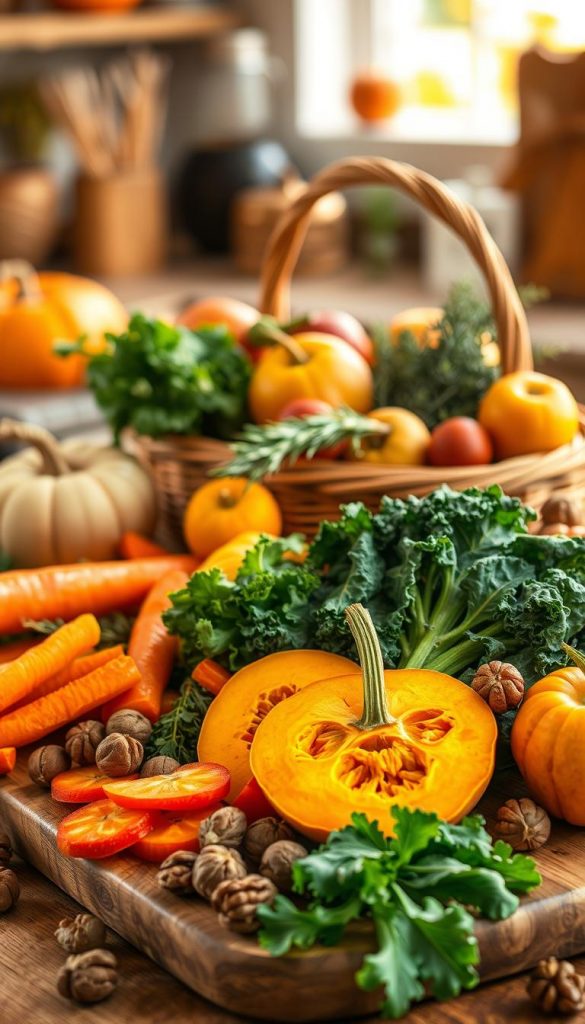 A vibrant, seasonal display of autumn ingredients, focusing on warm-toned vegetables and fruits. In the foreground, showcase a wooden cutting board adorned with sliced pumpkins, vibrant orange carrots, and deep green kale. Scattered around can be colorful apples and clusters of walnuts to accentuate the harvest theme. In the middle ground, feature a rustic basket filled with fresh herbs, like rosemary and thyme, nestled among seasonal veggies. The background is softly blurred, hinting at a cozy kitchen scene with warm, golden lighting that evokes a welcoming atmosphere. The overall mood should feel authentic and inspiring, reflecting the natural beauty of autumn produce. This image embodies the essence of healthy, seasonal cooking for KlickKiste, conveying a sense of nourishment and wellness. A vibrant, seasonal display of autumn ingredients, focusing on warm-toned vegetables and fruits. In the foreground, showcase a wooden cutting board adorned with sliced pumpkins, vibrant orange carrots, and deep green kale. Scattered around can be colorful apples and clusters of walnuts to accentuate the harvest theme. In the middle ground, feature a rustic basket filled with fresh herbs, like rosemary and thyme, nestled among seasonal veggies. The background is softly blurred, hinting at a cozy kitchen scene with warm, golden lighting that evokes a welcoming atmosphere. The overall mood should feel authentic and inspiring, reflecting the natural beauty of autumn produce. This image embodies the essence of healthy, seasonal cooking for KlickKiste, conveying a sense of nourishment and wellness.