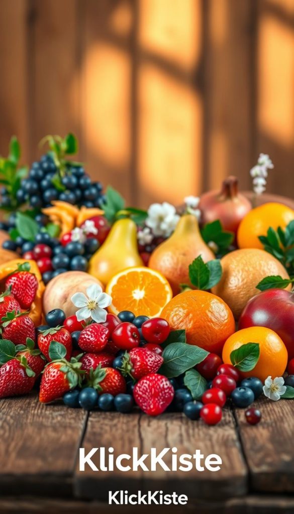 A vibrant seasonal display of fresh fruits representing spring, summer, autumn, and winter snacks, artfully arranged on a rustic wooden table. In the foreground, colorful strawberries, cherries, and blueberries symbolize spring and summer. The middle section features apples, pears, and plump oranges for autumn, interspersed with cozy winter fruits like clementines and pomegranates. Surround the fruit with delicate green leaves and soft blossoms to enhance the natural feel. The background is softly blurred with a warm, inviting light casting gentle shadows, evoking a Pinterest-worthy aesthetic. The mood is fresh, inspiring, and joyful, perfect for healthy snack ideas. The image reflects the brand "KlickKiste" through its inviting and wholesome presentation, with an emphasis on natural warmth and authenticity. A vibrant seasonal display of fresh fruits representing spring, summer, autumn, and winter snacks, artfully arranged on a rustic wooden table. In the foreground, colorful strawberries, cherries, and blueberries symbolize spring and summer. The middle section features apples, pears, and plump oranges for autumn, interspersed with cozy winter fruits like clementines and pomegranates. Surround the fruit with delicate green leaves and soft blossoms to enhance the natural feel. The background is softly blurred with a warm, inviting light casting gentle shadows, evoking a Pinterest-worthy aesthetic. The mood is fresh, inspiring, and joyful, perfect for healthy snack ideas. The image reflects the brand "KlickKiste" through its inviting and wholesome presentation, with an emphasis on natural warmth and authenticity.