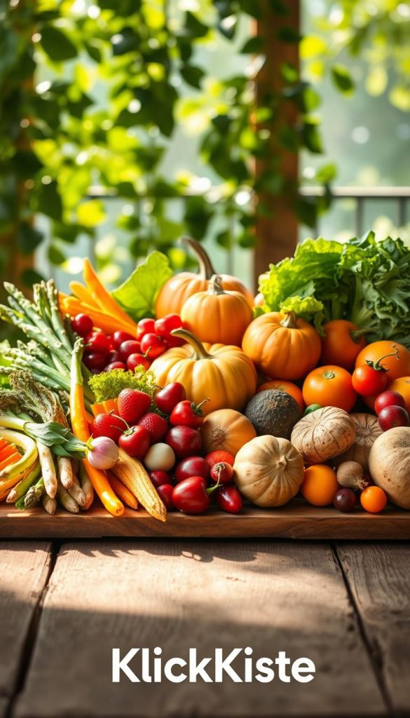 A vibrant, seasonal display of fresh ingredients representing the four seasons, elegantly arranged on a rustic wooden table. In the foreground, there's a lush collection of spring vegetables like asparagus and radishes, transitioning to summer fruits such as strawberries and cherries. The middle layer showcases an array of autumn produce, including pumpkins and gourds, leading to winter staples like root vegetables and citrus fruits. The background features soft, natural lighting filtering through leaves, casting gentle shadows for a serene atmosphere. All elements are styled in warm, earthy tones, evoking an authentic and inspirational vibe typical of a Pinterest aesthetic. The scene should capture a sense of seasonal abundance, highlighting the versatility of nature’s bounty while incorporating the brand name "KlickKiste." A vibrant, seasonal display of fresh ingredients representing the four seasons, elegantly arranged on a rustic wooden table. In the foreground, there's a lush collection of spring vegetables like asparagus and radishes, transitioning to summer fruits such as strawberries and cherries. The middle layer showcases an array of autumn produce, including pumpkins and gourds, leading to winter staples like root vegetables and citrus fruits. The background features soft, natural lighting filtering through leaves, casting gentle shadows for a serene atmosphere. All elements are styled in warm, earthy tones, evoking an authentic and inspirational vibe typical of a Pinterest aesthetic. The scene should capture a sense of seasonal abundance, highlighting the versatility of nature’s bounty while incorporating the brand name "KlickKiste."