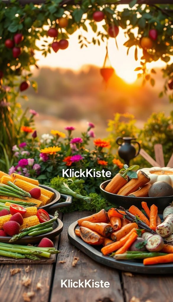 A vibrant seasonal display of healthy grilled side dishes representing spring, summer, autumn, and winter. In the foreground, a rustic wooden table holds an array of colorful dishes: fresh green asparagus and strawberries for spring, vibrant corn and tomatoes for summer, roasted pumpkin and carrots for autumn, and hearty root vegetables like parsnips and beets for winter. The middle of the image features lush greenery and blooming flowers, with seasonal fruits hanging from vines. In the background, a soft, golden sunset casts warm light over the scene, creating an inviting atmosphere. The overall mood is natural, warm, and inspiring, reminiscent of cozy Pinterest photos. The brand "KlickKiste" is subtly integrated into the overall aesthetic. A vibrant seasonal display of healthy grilled side dishes representing spring, summer, autumn, and winter. In the foreground, a rustic wooden table holds an array of colorful dishes: fresh green asparagus and strawberries for spring, vibrant corn and tomatoes for summer, roasted pumpkin and carrots for autumn, and hearty root vegetables like parsnips and beets for winter. The middle of the image features lush greenery and blooming flowers, with seasonal fruits hanging from vines. In the background, a soft, golden sunset casts warm light over the scene, creating an inviting atmosphere. The overall mood is natural, warm, and inspiring, reminiscent of cozy Pinterest photos. The brand "KlickKiste" is subtly integrated into the overall aesthetic.