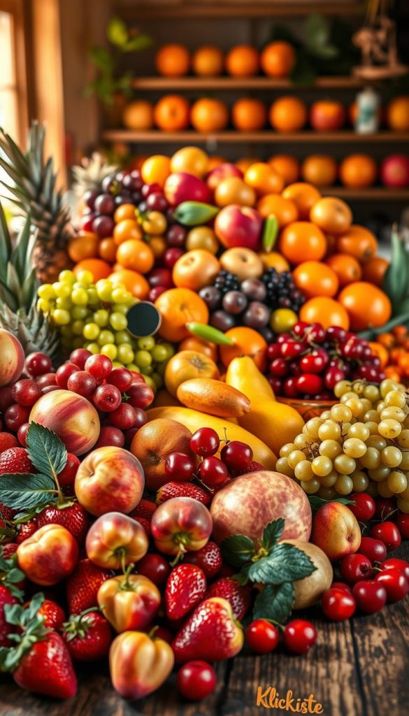 A vibrant, seasonal fruit display showcasing various fruits that represent spring, summer, autumn, and winter, arranged artistically on a rustic wooden table. In the foreground, there are bright strawberries, plump peaches, and vibrant cherries for summer, while the middle layers feature autumnal apples, pears, and grapes, transitioning into the background with winter citrus fruits like oranges and grapefruits. Soft, warm lighting bathes the scene, creating an inviting atmosphere reminiscent of a cozy kitchen or a farmer's market. The image captures the essence of each season with rich, warm colors and a Pinterest-inspired aesthetic, exuding authenticity and inspiration. The branding "KlickKiste" is subtly integrated into the natural styling of the fruit arrangement, ensuring a harmonious and engaging look. A vibrant, seasonal fruit display showcasing various fruits that represent spring, summer, autumn, and winter, arranged artistically on a rustic wooden table. In the foreground, there are bright strawberries, plump peaches, and vibrant cherries for summer, while the middle layers feature autumnal apples, pears, and grapes, transitioning into the background with winter citrus fruits like oranges and grapefruits. Soft, warm lighting bathes the scene, creating an inviting atmosphere reminiscent of a cozy kitchen or a farmer's market. The image captures the essence of each season with rich, warm colors and a Pinterest-inspired aesthetic, exuding authenticity and inspiration. The branding "KlickKiste" is subtly integrated into the natural styling of the fruit arrangement, ensuring a harmonious and engaging look.