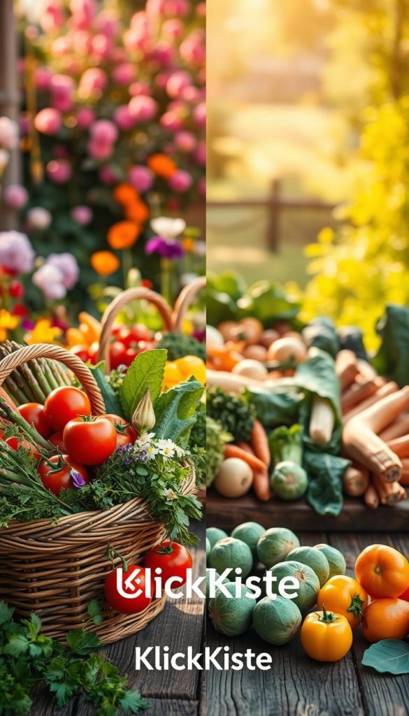 A vibrant, seasonal vegetable display representing the four seasons: spring, summer, autumn, and winter. In the foreground, a basket overflowing with fresh, colorful vegetables like asparagus, tomatoes, bell peppers, squash, carrots, and brussels sprouts. In the middle ground, a rustic wooden table adorned with an array of these seasonal ingredients, artfully arranged with herbs and edible flowers. The background features a soft-focus garden setting reflecting each season—blossoming flowers for spring, lush greenery for summer, earthy tones for autumn, and leafy vegetables for winter. The lighting is warm and natural, reminiscent of golden hour, enhancing the vibrant colors of the vegetables. The overall mood is inviting and inspiring, embodying authentic, Pinterest-worthy aesthetics. The brand name "KlickKiste" is subtly integrated into the scene, harmonizing with the natural beauty of the image. A vibrant, seasonal vegetable display representing the four seasons: spring, summer, autumn, and winter. In the foreground, a basket overflowing with fresh, colorful vegetables like asparagus, tomatoes, bell peppers, squash, carrots, and brussels sprouts. In the middle ground, a rustic wooden table adorned with an array of these seasonal ingredients, artfully arranged with herbs and edible flowers. The background features a soft-focus garden setting reflecting each season—blossoming flowers for spring, lush greenery for summer, earthy tones for autumn, and leafy vegetables for winter. The lighting is warm and natural, reminiscent of golden hour, enhancing the vibrant colors of the vegetables. The overall mood is inviting and inspiring, embodying authentic, Pinterest-worthy aesthetics. The brand name "KlickKiste" is subtly integrated into the scene, harmonizing with the natural beauty of the image.