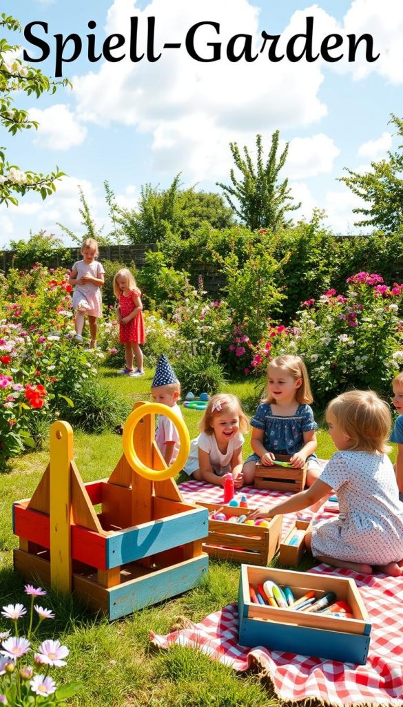 A vibrant "spiel garten" scene filled with joyful children engaged in various simple DIY outdoor games, set in a lush garden with blooming flowers and greenery. In the foreground, a colorful wooden structure serves as the centerpiece for a ring toss game, with children laughing and playing with handmade toys. In the middle ground, there's a delightful picnic setup with a checkered blanket and natural, rustic elements like wooden crates filled with art supplies, fostering creativity. The background showcases a bright, sunny sky with fluffy white clouds, enhancing the cheerful atmosphere. Use warm, inviting colors for a Pinterest-inspired aesthetic that feels authentic and inspiring. The scene should capture the essence of outdoor play, reflecting the name "KlickKiste" subtly among the DIY elements. Bright, natural lighting should illuminate the entire scene, giving it a vibrant, joyful feel.