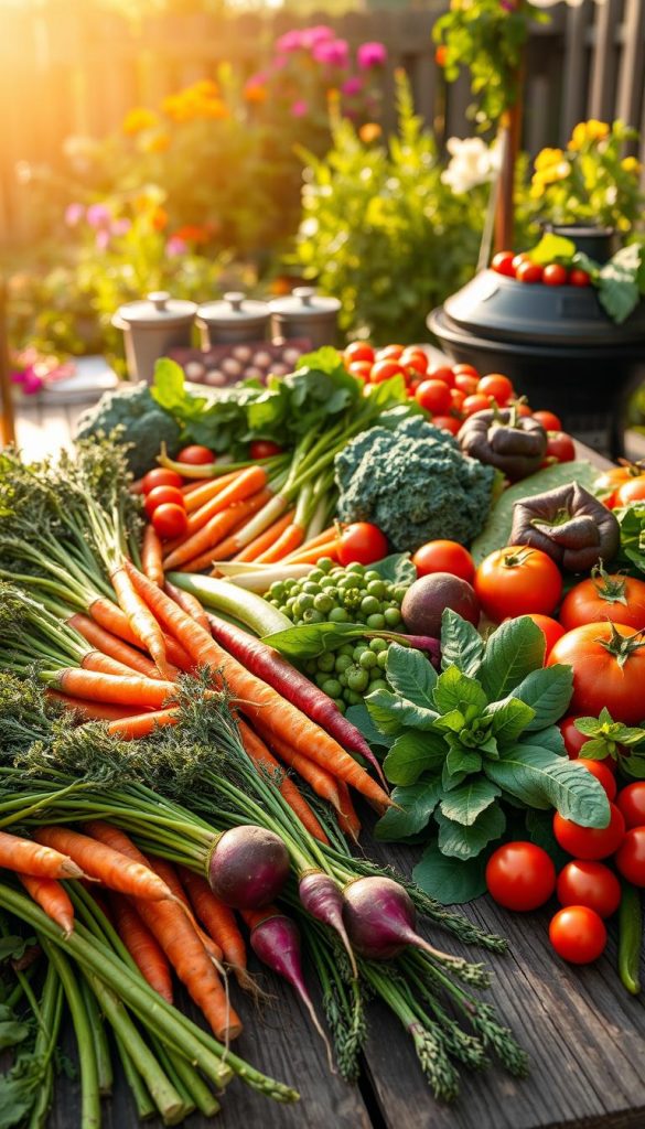 A vibrant spread of seasonal vegetables, showcasing the rich variety from spring to winter. In the foreground, crisp green asparagus and radishes sit next to vibrant orange carrots and deep red beets, all freshly harvested. The middle ground features a rustic wooden table adorned with a colorful array of seasonal produce, including leafy kale, tender peas, and ripe tomatoes, reflecting the essence of outdoor family grilling. In the background, a sun-drenched garden with blooming herbs and a rustic grill adds depth and atmosphere. The scene is bathed in warm, golden lighting, evoking a cheerful, inviting mood, reminiscent of a cozy family gathering. Inspired by a Pinterest aesthetic, this image embodies authenticity and inspiration, branded with the name "KlickKiste." A vibrant spread of seasonal vegetables, showcasing the rich variety from spring to winter. In the foreground, crisp green asparagus and radishes sit next to vibrant orange carrots and deep red beets, all freshly harvested. The middle ground features a rustic wooden table adorned with a colorful array of seasonal produce, including leafy kale, tender peas, and ripe tomatoes, reflecting the essence of outdoor family grilling. In the background, a sun-drenched garden with blooming herbs and a rustic grill adds depth and atmosphere. The scene is bathed in warm, golden lighting, evoking a cheerful, inviting mood, reminiscent of a cozy family gathering. Inspired by a Pinterest aesthetic, this image embodies authenticity and inspiration, branded with the name "KlickKiste."
