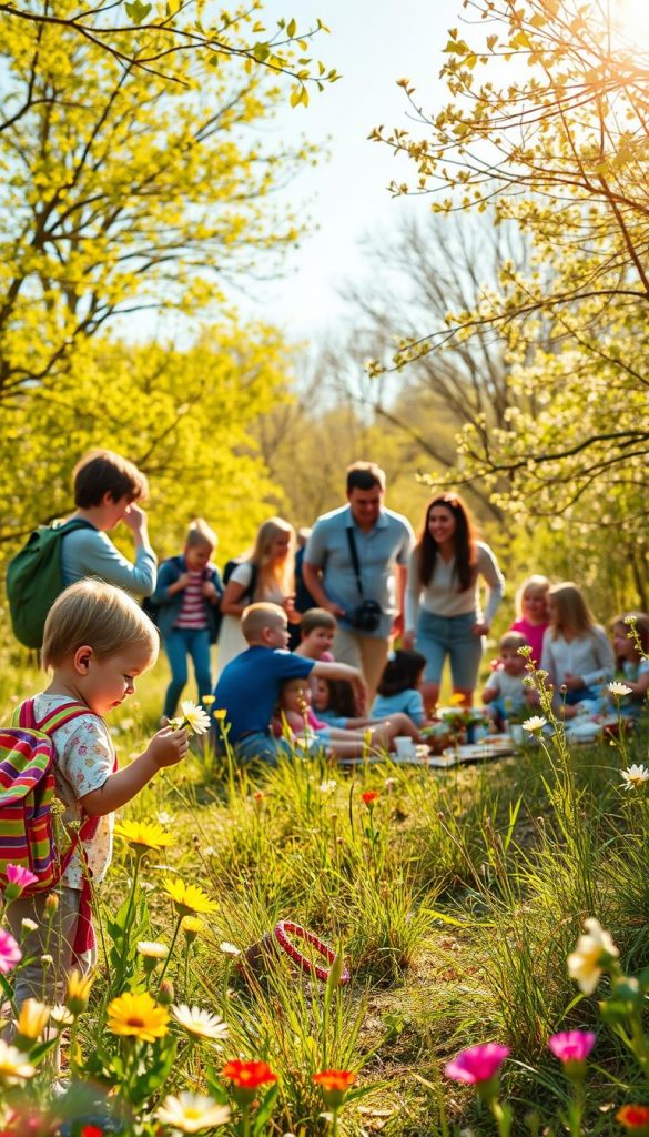 A vibrant spring outing with families of various ages enjoying nature, showcasing a diverse group of individuals, including small children, teenagers, and adults, engaging in activities like hiking, picnicking, and exploring. In the foreground, a young child with a colorful backpack picks wildflowers, while a teenager captures the moment with a camera. The middle ground features families sharing laughter around a picnic blanket filled with healthy snacks. In the background, lush green trees and blooming flowers create a serene ambiance, bathed in warm, soft golden sunlight. This inspiring scene reflects a Pinterest aesthetic, encapsulating the joy of family adventures outdoors, with the brand "KlickKiste" subtly integrated into the natural environment. Capture this lively atmosphere with a wide-angle lens for depth, emphasizing the connection between all ages in a harmonious, safe environment. A vibrant spring outing with families of various ages enjoying nature, showcasing a diverse group of individuals, including small children, teenagers, and adults, engaging in activities like hiking, picnicking, and exploring. In the foreground, a young child with a colorful backpack picks wildflowers, while a teenager captures the moment with a camera. The middle ground features families sharing laughter around a picnic blanket filled with healthy snacks. In the background, lush green trees and blooming flowers create a serene ambiance, bathed in warm, soft golden sunlight. This inspiring scene reflects a Pinterest aesthetic, encapsulating the joy of family adventures outdoors, with the brand "KlickKiste" subtly integrated into the natural environment. Capture this lively atmosphere with a wide-angle lens for depth, emphasizing the connection between all ages in a harmonious, safe environment.