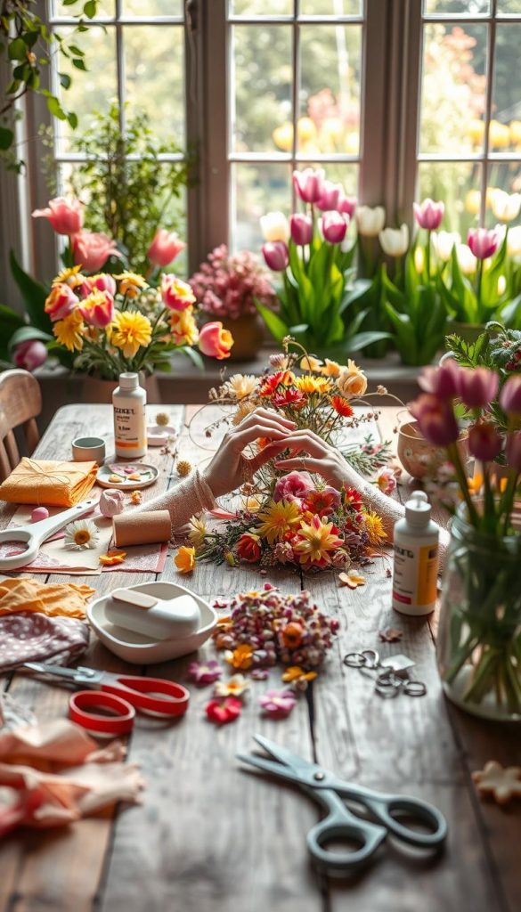 A vibrant spring scene showcasing a DIY workspace filled with natural materials, perfect for a warm and inviting atmosphere. In the foreground, a rustic wooden table is adorned with cheerful fabric scraps, blooming flowers, and colorful craft supplies, such as scissors and glue. The middle ground features hands engaged in a creative arrangement of dried flowers and pastel-colored decorations, symbolizing the spirit of spring. In the background, soft natural light filters through a window, illuminating a garden bursting with fresh greenery and blossoming tulips. The overall mood is cheerful and inspiring, conveying a sense of rejuvenation and creativity. The visual style is reminiscent of Pinterest aesthetics, warm and inviting, embodying the essence of the "KlickKiste" brand.